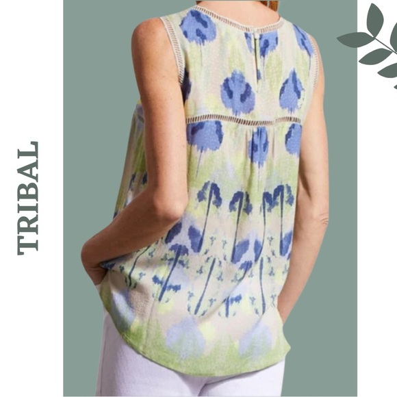 Tribal Blouse Sleeveless Ladder Lace Watercolor Print Blue Green Wild Lime  XS - Picture 2 of 9